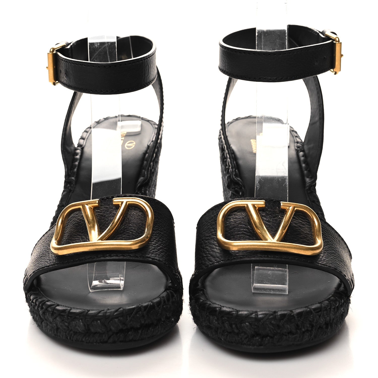 Valentino Garavani Grainy Cowhide VLogo Ankle Wrap Espadrille Wedge Sandals 40 Black 2 of 9