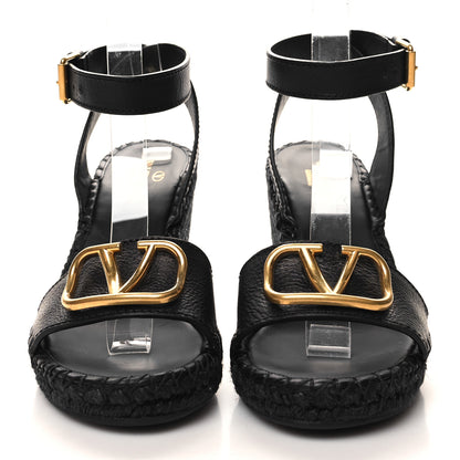 Valentino Garavani Grainy Cowhide VLogo Ankle Wrap Espadrille Wedge Sandals 40 Black 2 of 9