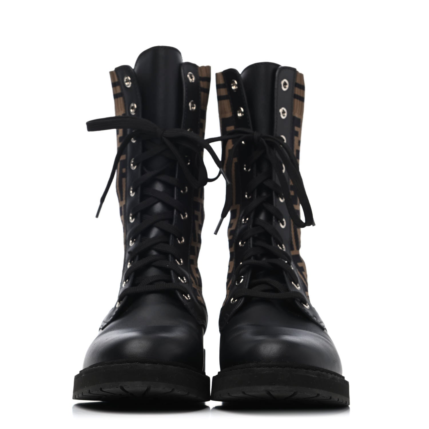 Fendi Calfskin Stretch Fabric FF Rockoko Biker Boots 41 Black Tobacco 2 of 4
