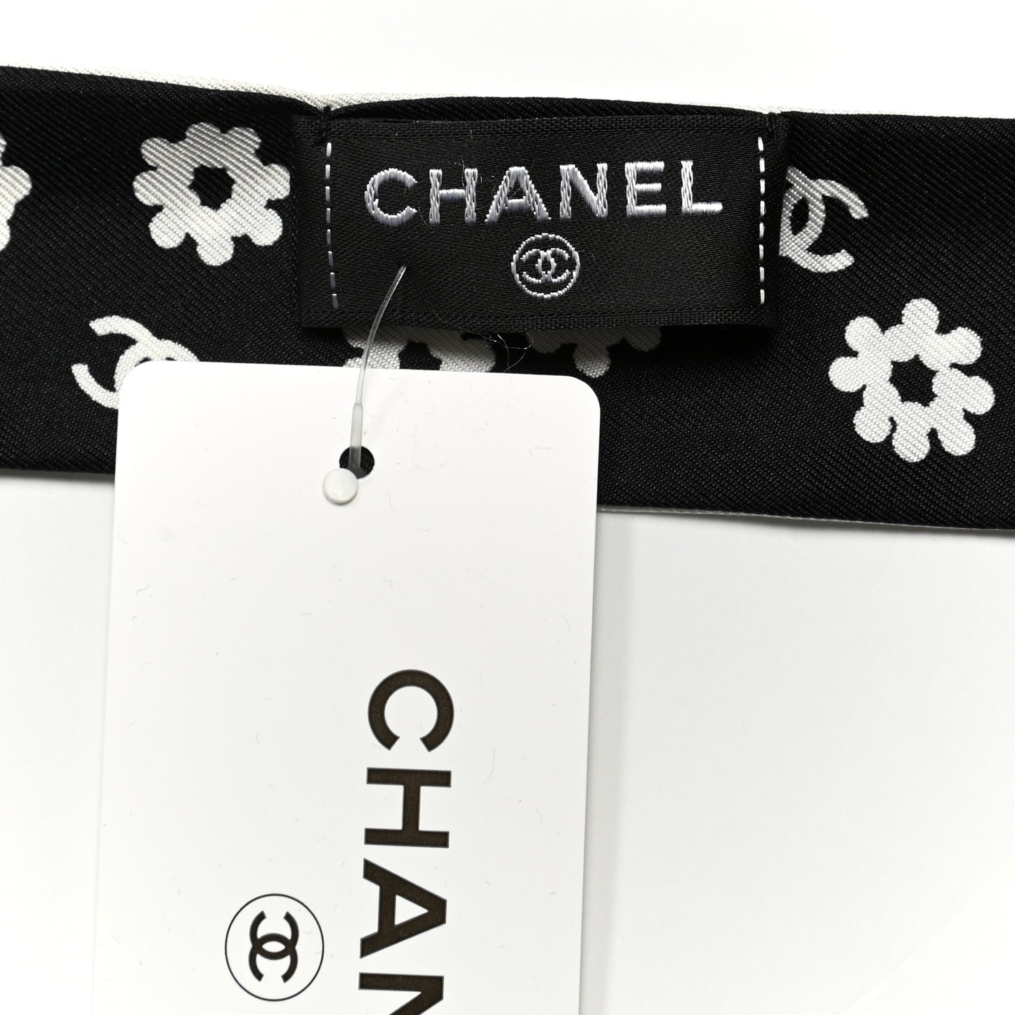 Silk Twill CC Flowers Slim Bandeau Scarf White Black