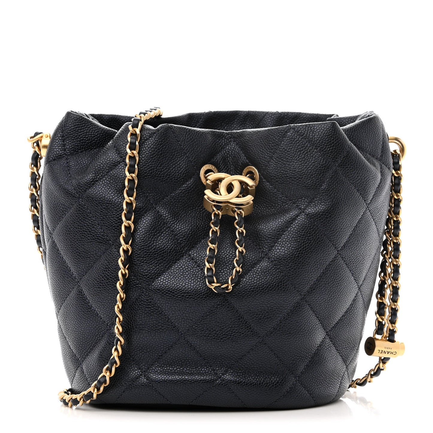 Iridescent Caviar Quilted My Perfect CC Bucket Drawstring Bag Blue