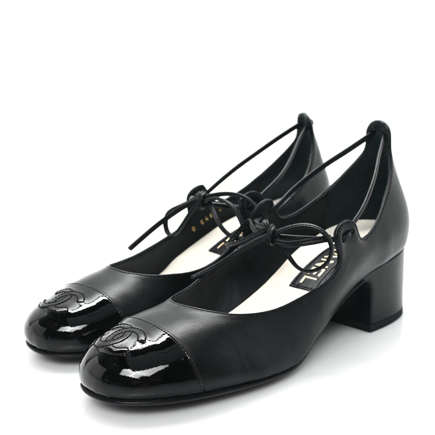 Lambskin Patent Cap Toe CC Mary Jane Pumps 37.5 Black