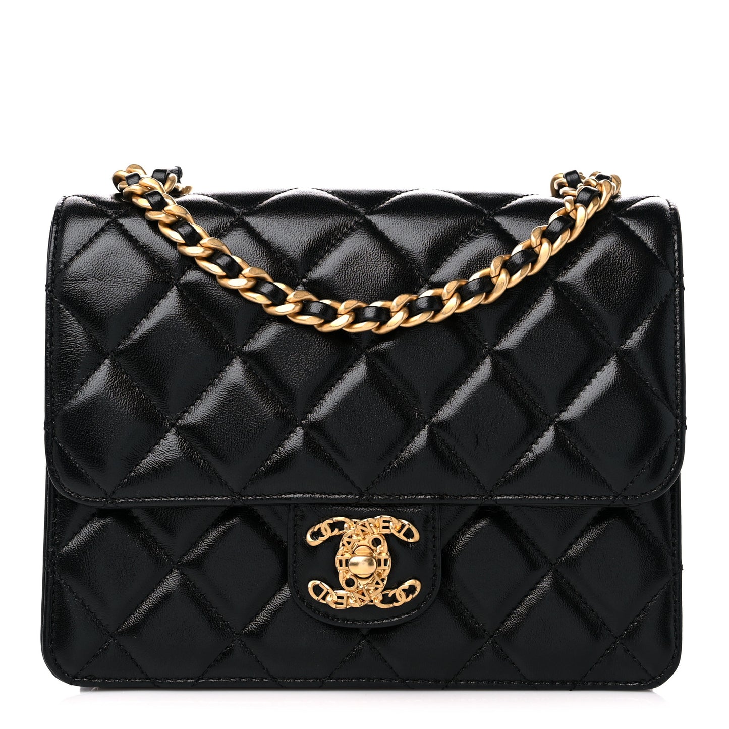 Shiny Lambskin Quilted Mini Flap Black