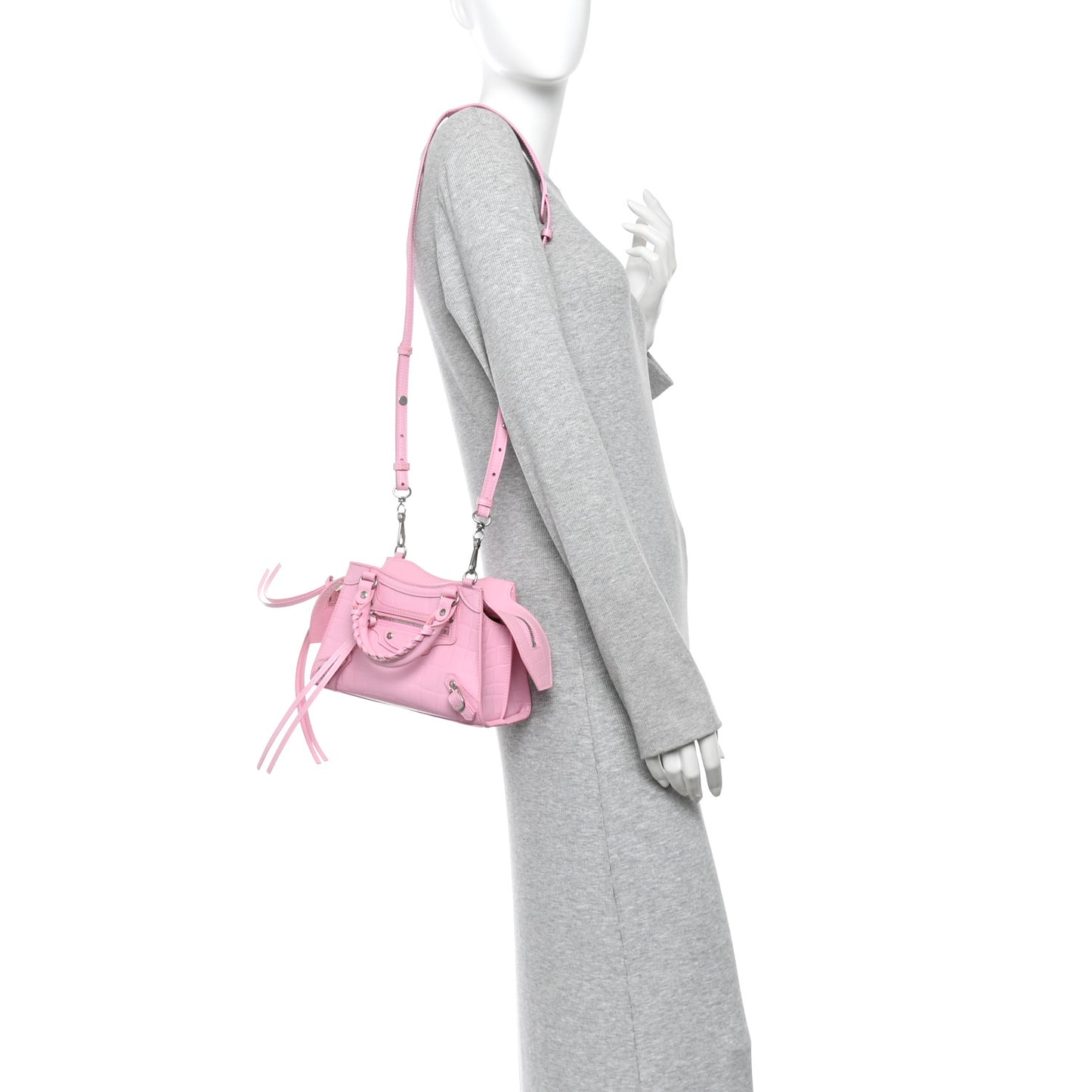 Semi Shiny Calfskin Crocodile Embossed Neo Classic Silver Hardware Mini City Pink