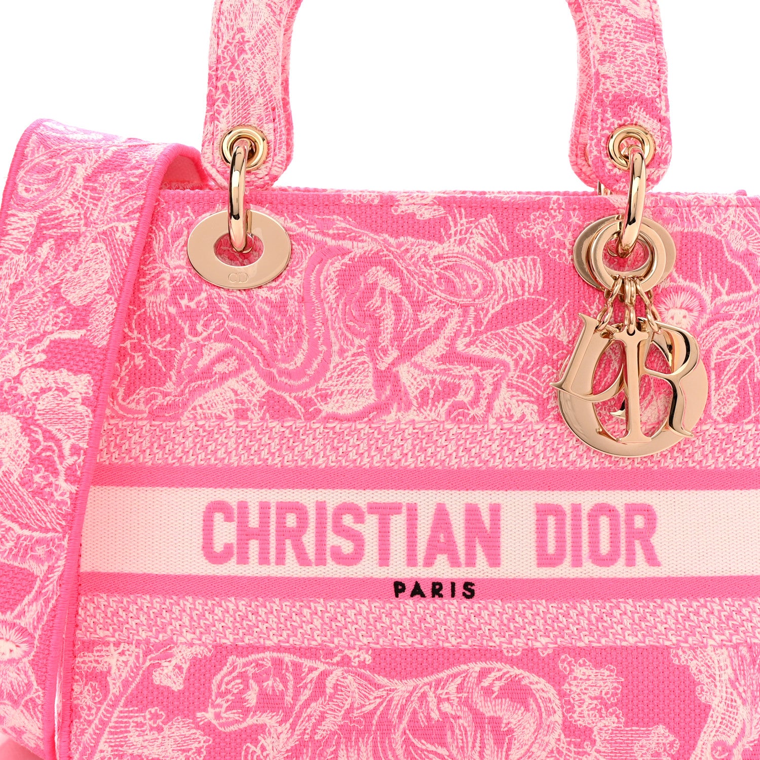 Christian Dior Canvas Toile De Jouy Reverse Embroidered Medium Lady D-Lite Fluorescent Pink 7 of 9