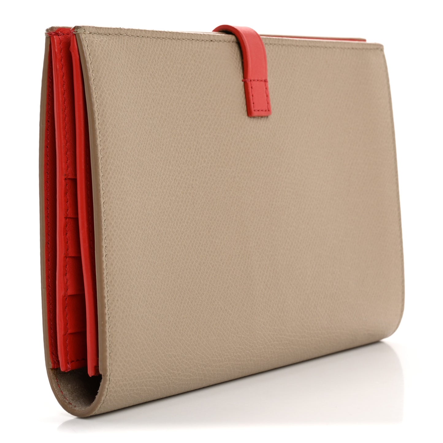 Grained Calfskin Large Multifunction Strap Wallet Light Taupe Red
