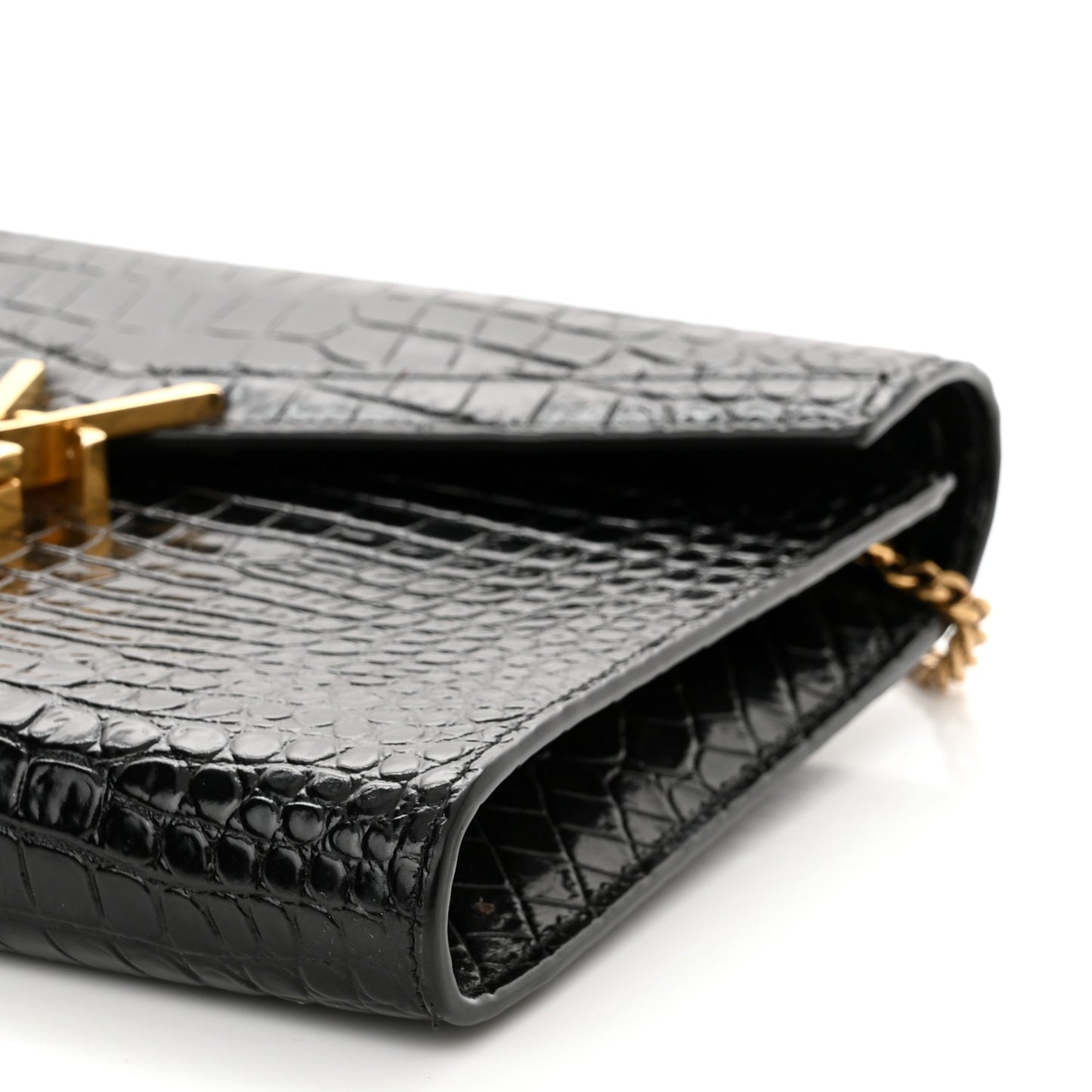 Calfskin Crocodile Embossed Monogram Cassandra Chain Wallet Black