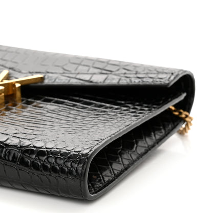 Saint Laurent Calfskin Crocodile Embossed Monogram Cassandra Chain Wallet Black 11 of 11