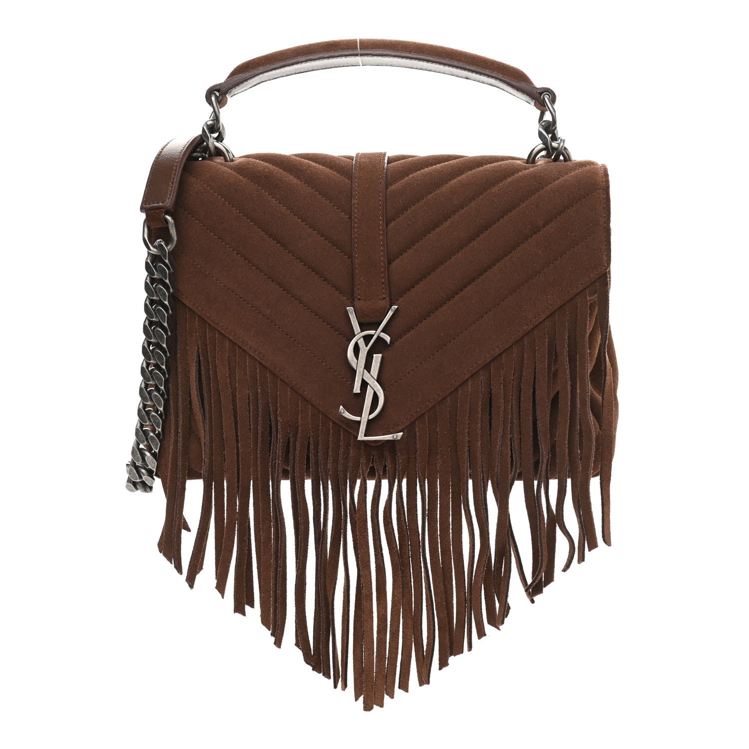 Saint Laurent Suede Matelasse Chevron Fringe Monogram Medium College Bag Marron Clair 1 of 10