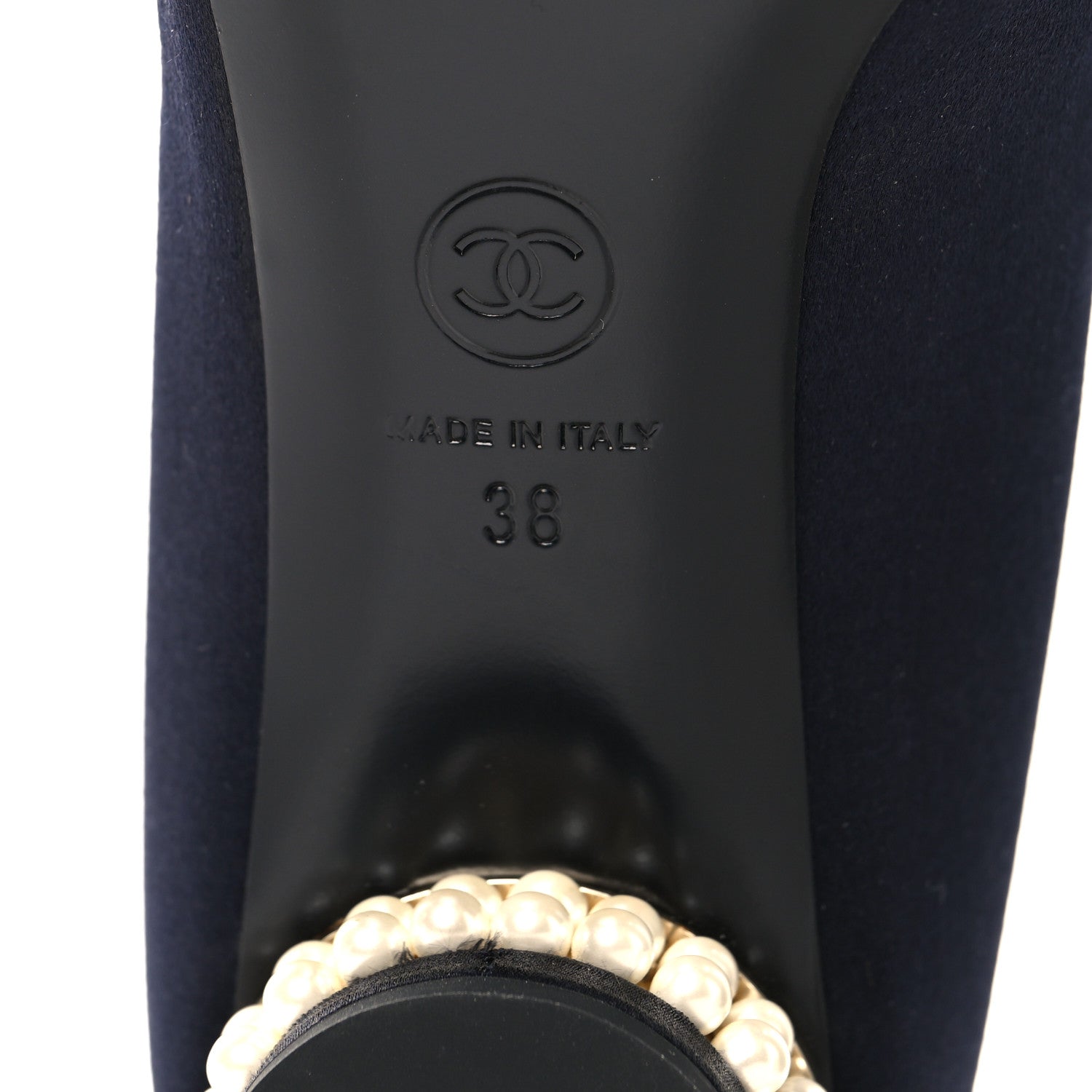 Chanel Satin Pearl Cap Toe Low Heel Pumps 38 Navy Blue Black 8 of 10
