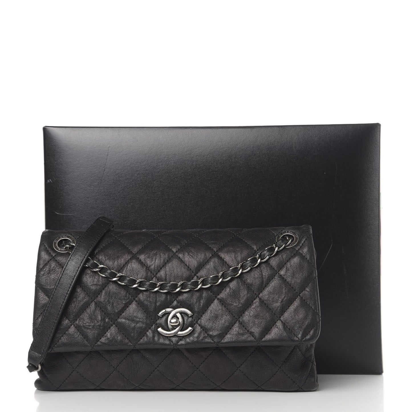 Crumpled Lambskin Quilted Medium Single Flap Black