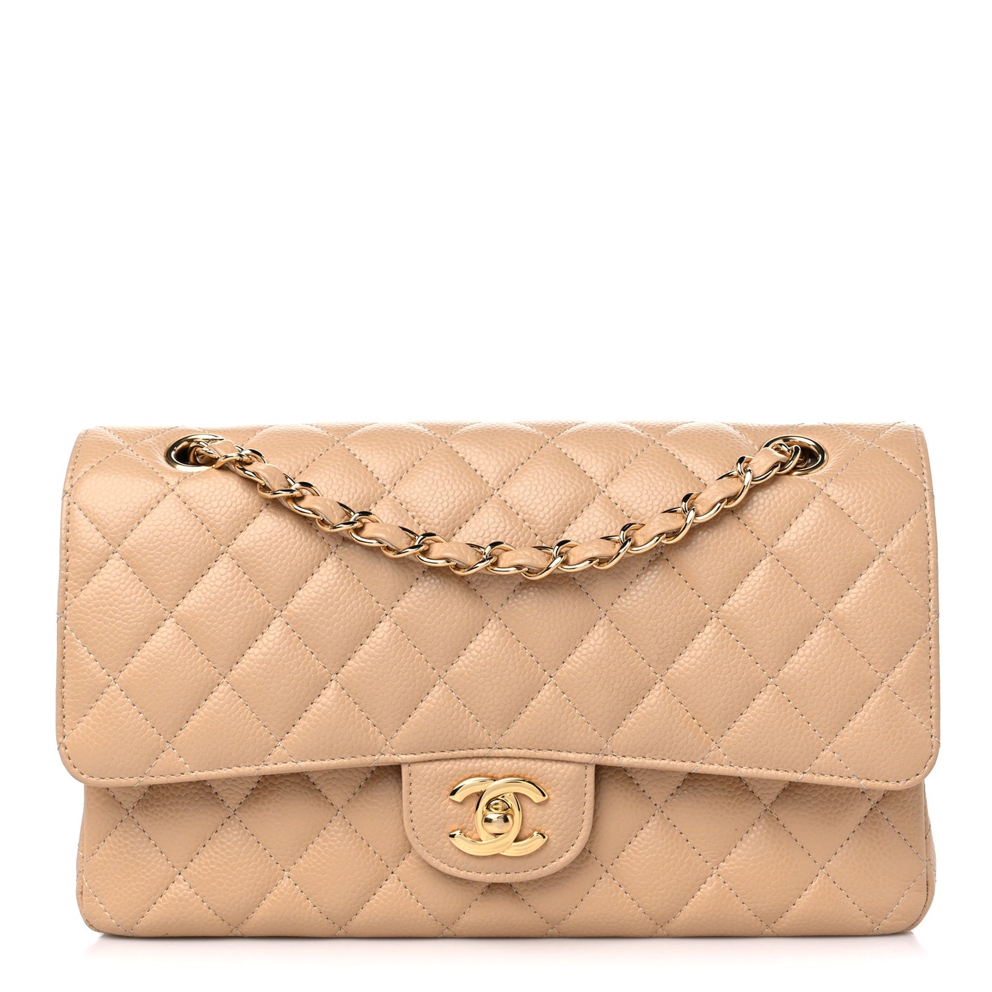 Caviar Quilted Medium Double Flap Beige