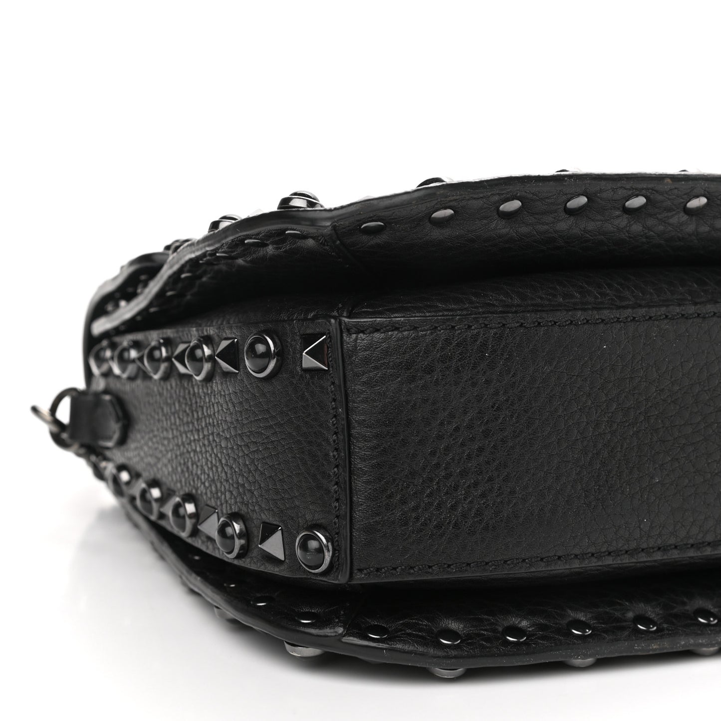 Pebbled Calfskin Onyx Medium Rockstud Rolling Flap Saddle Bag Black