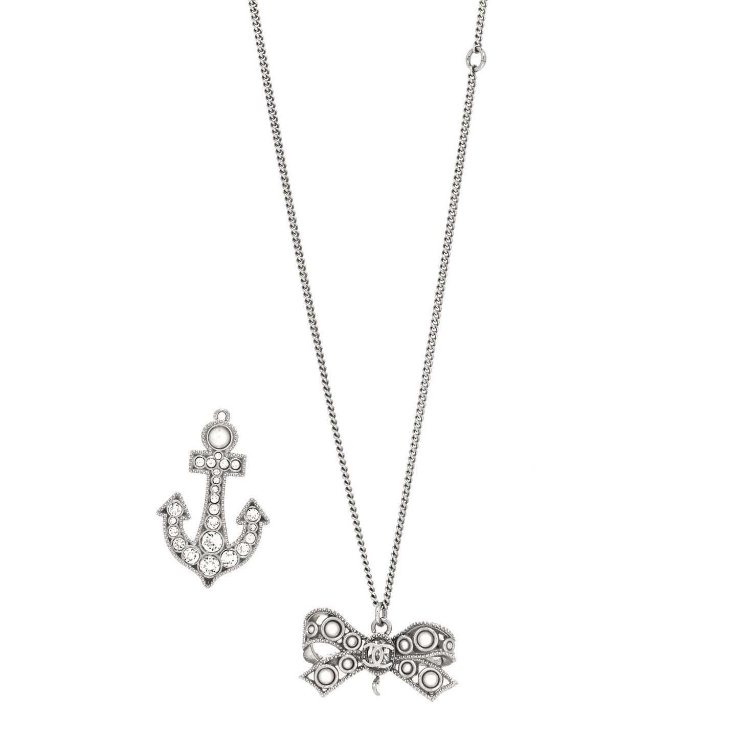 Crystal Pearl CC Bow Anchor Necklace Silver