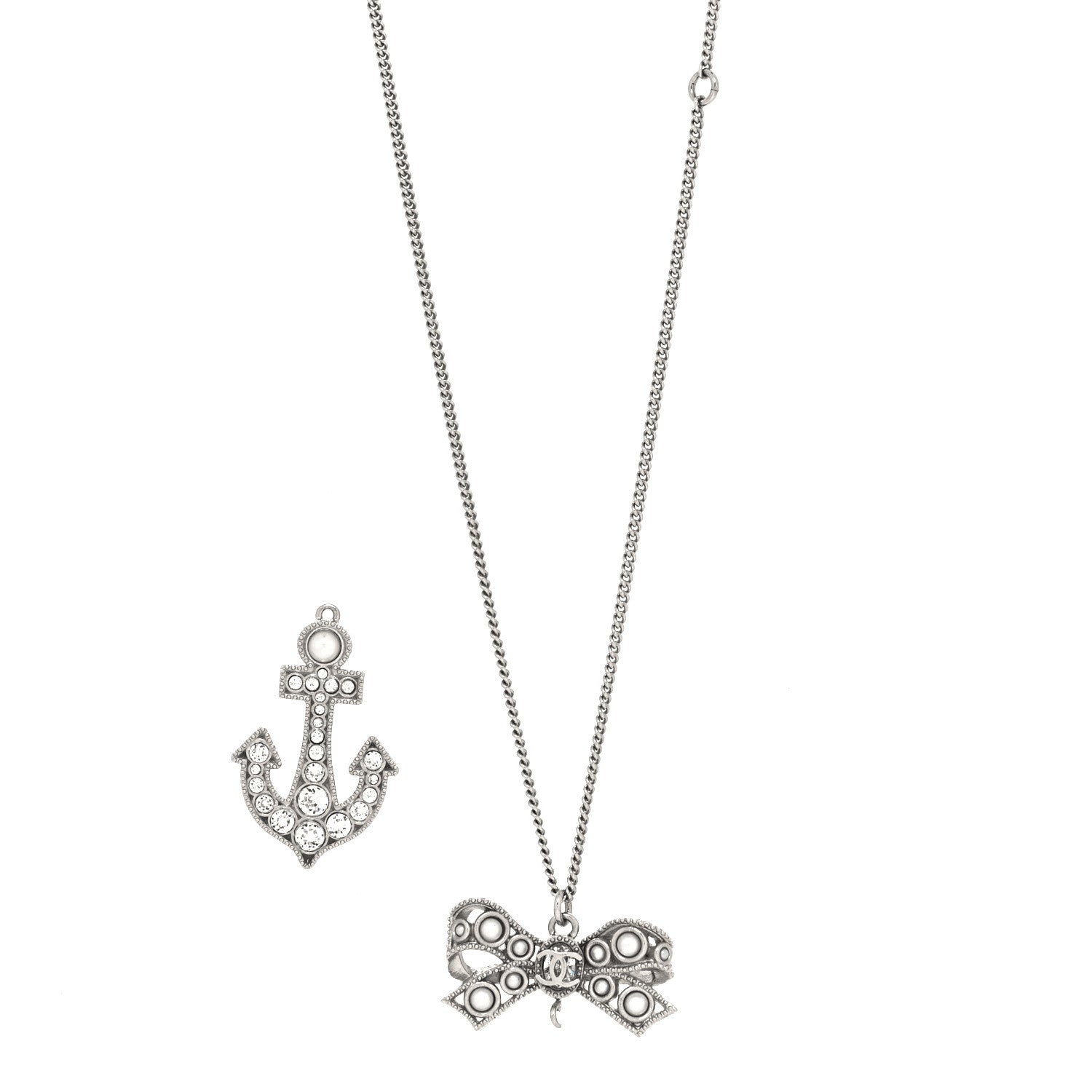 Chanel Crystal Pearl CC Bow Anchor Necklace Silver 1 of 5