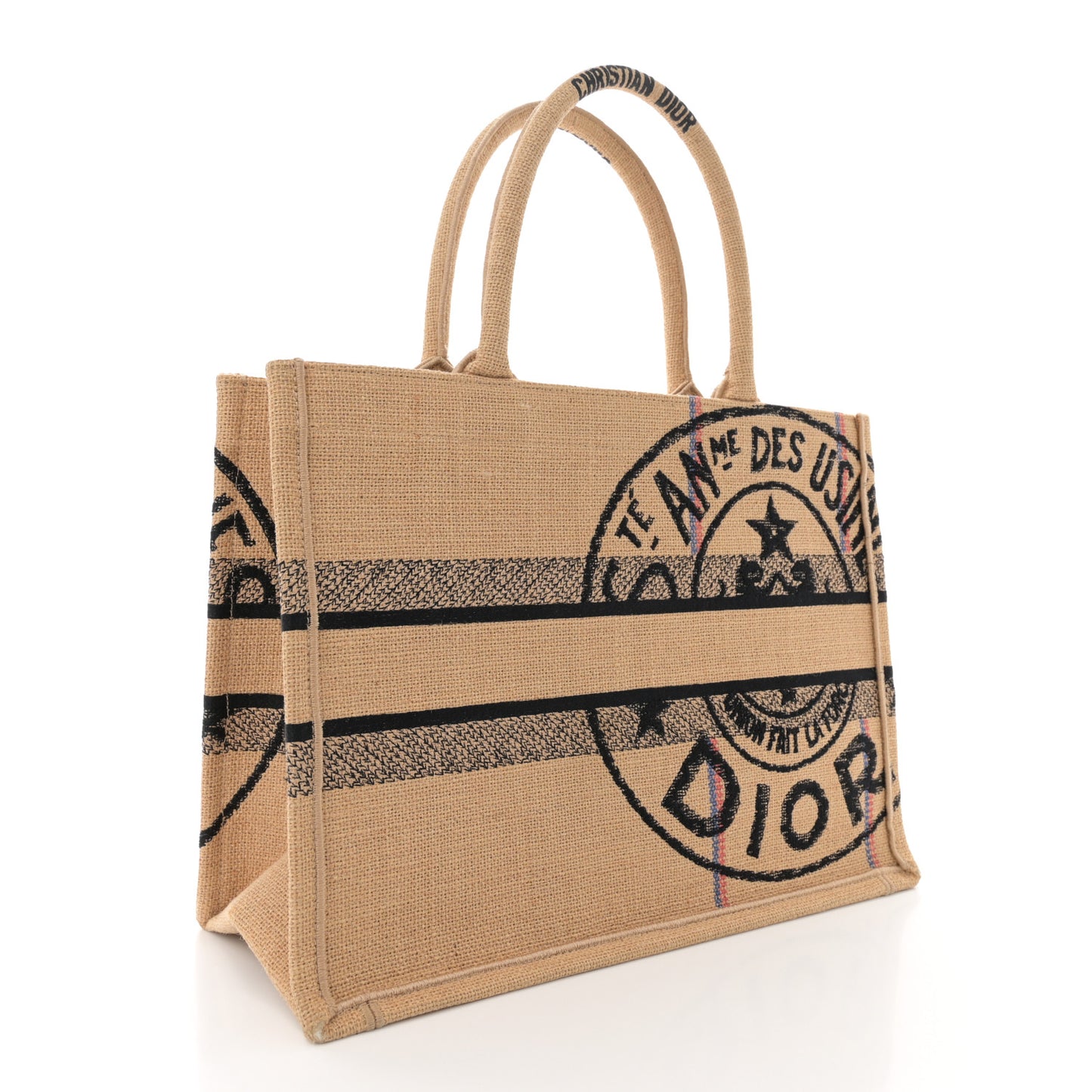 Canvas Jute Embroidered Medium Book Tote Black Beige