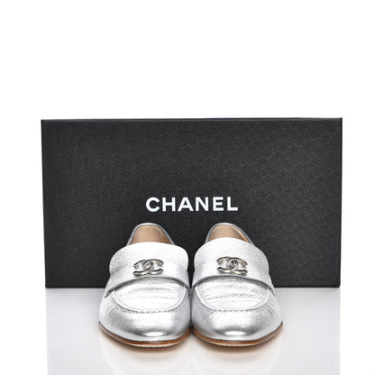 Chanel Crackled Goatskin Laminated CC Loafers 39 Silver 9 of 10