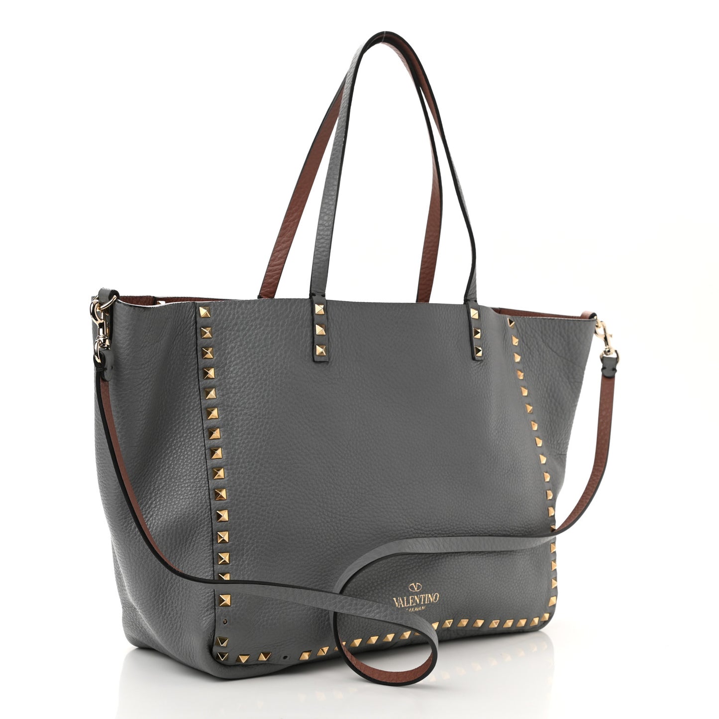 Grained Calfskin Medium Rockstud Reversible Tote Dark Rose Grey