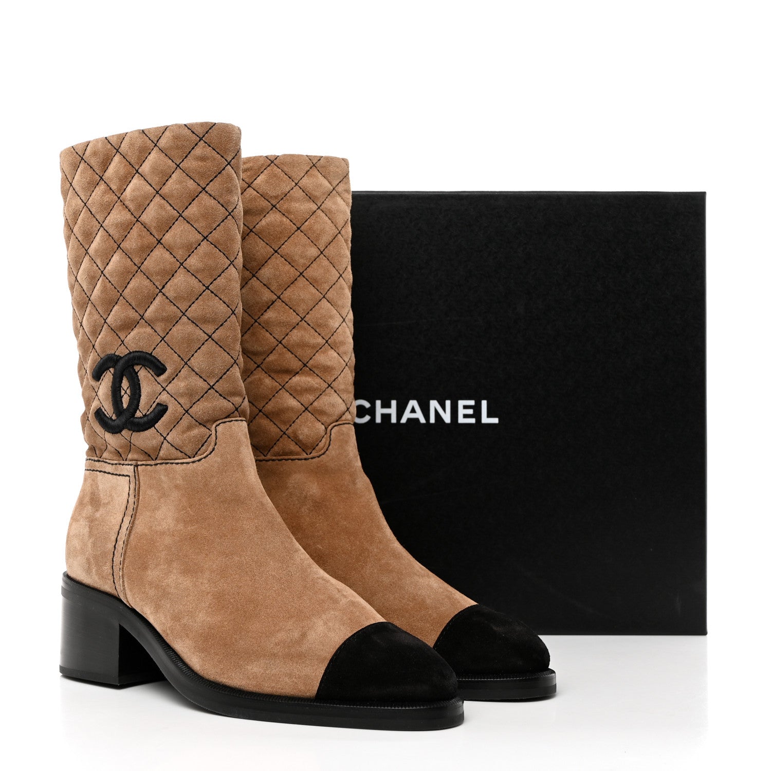 Chanel Suede Quilted CC High Boots 38.5 Dark Beige Black 9 of 9