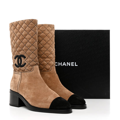 Chanel Suede Quilted CC High Boots 38.5 Dark Beige Black 9 of 9