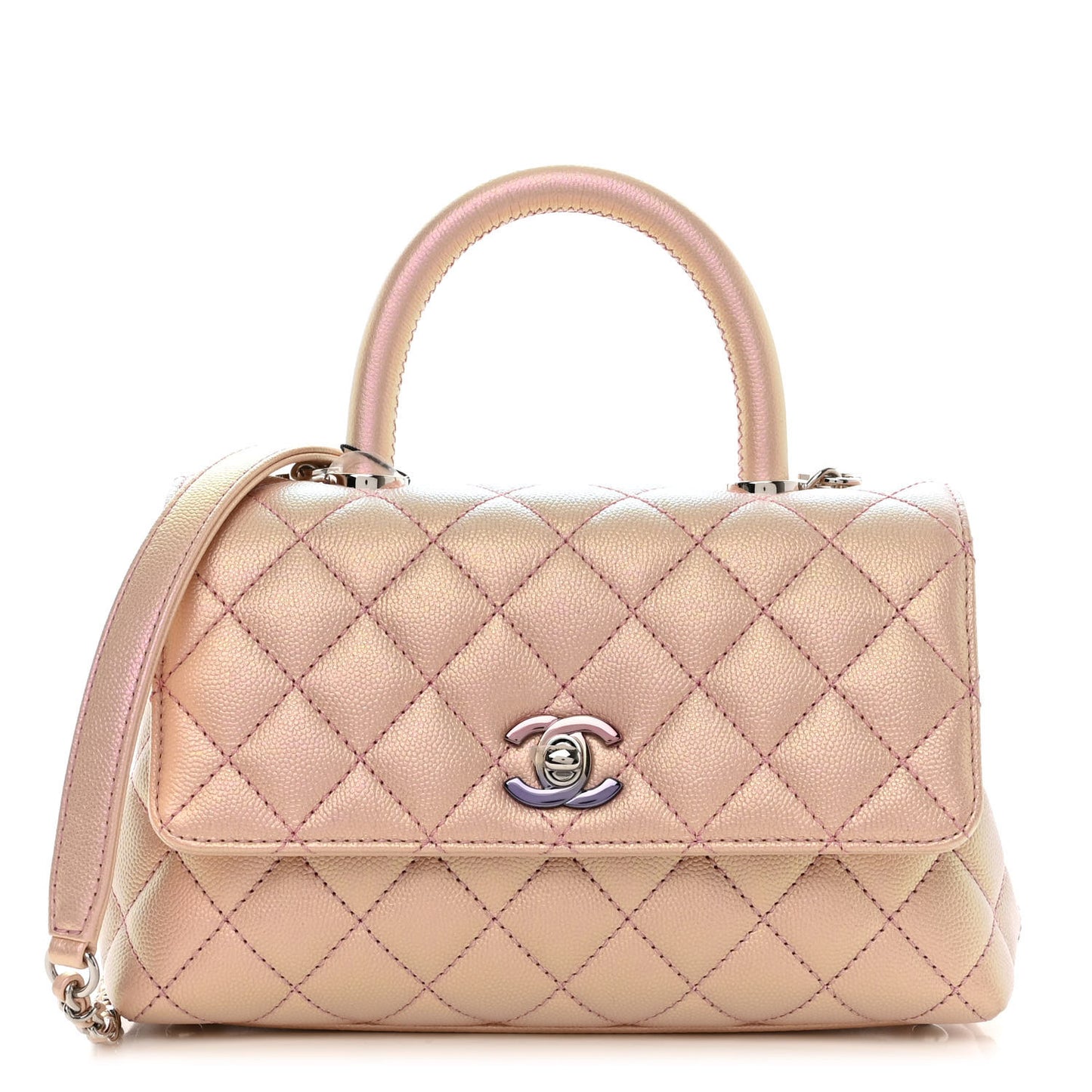 Iridescent Caviar Quilted Mini Coco Handle Flap Pink