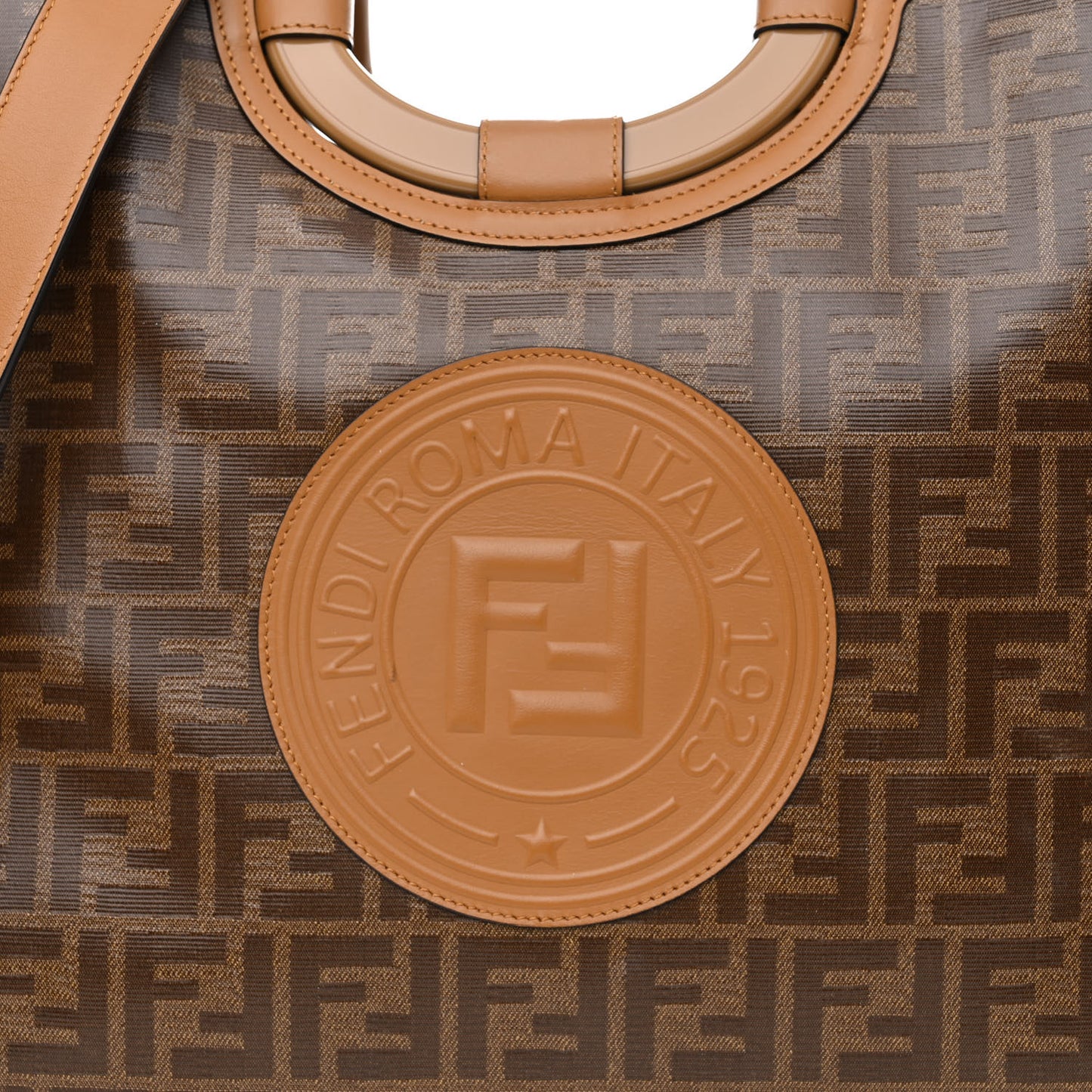 Glazed Fabric Vitello Century Plexiglass FF 1974 Stamp Patch Medium Runaway Shopper Tote Mogano Panna Nocciola