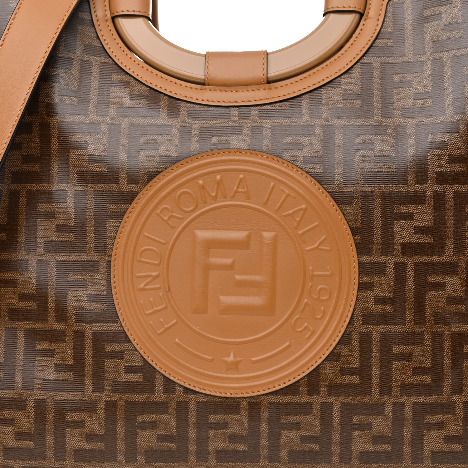 Fendi Glazed Fabric Vitello Century Plexiglass FF 1974 Stamp Patch Medium Runaway Shopper Tote Mogano Panna Nocciola 8 of 10