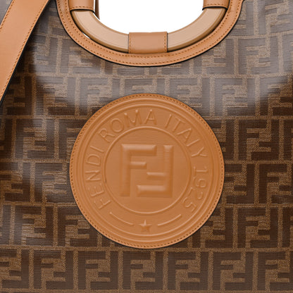 Fendi Glazed Fabric Vitello Century Plexiglass FF 1974 Stamp Patch Medium Runaway Shopper Tote Mogano Panna Nocciola 8 of 10