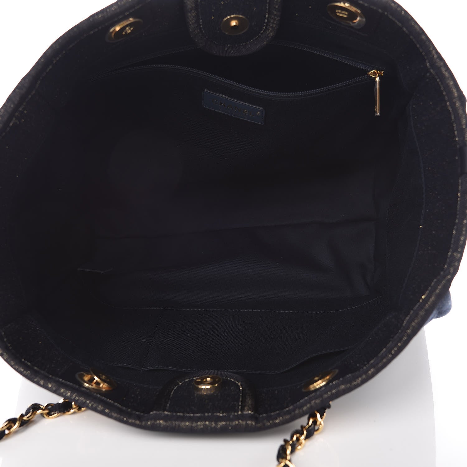 Chanel Lurex Canvas Small Deauville Tote Navy Blue Gold 5 of 10