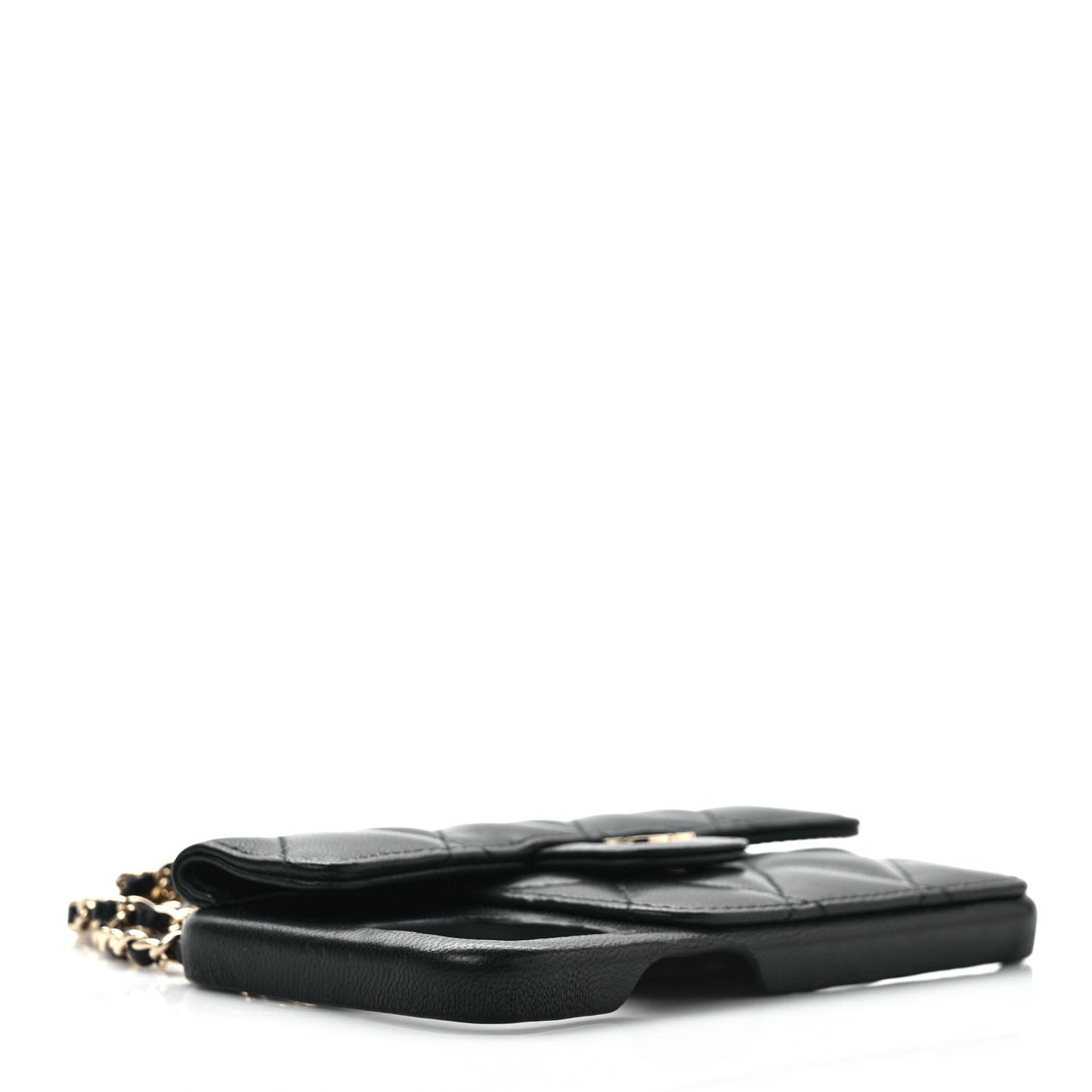 Lambskin Quilted Pearl Crush iPhone XII Pro Holder With Chain Black