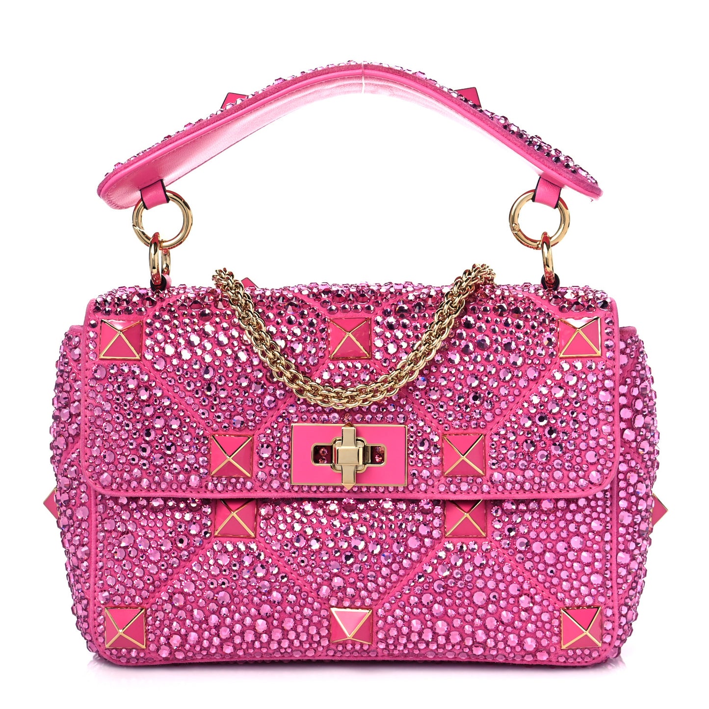 Crystal Suede Enamel Medium Roman Stud Shoulder Bag Pink PP