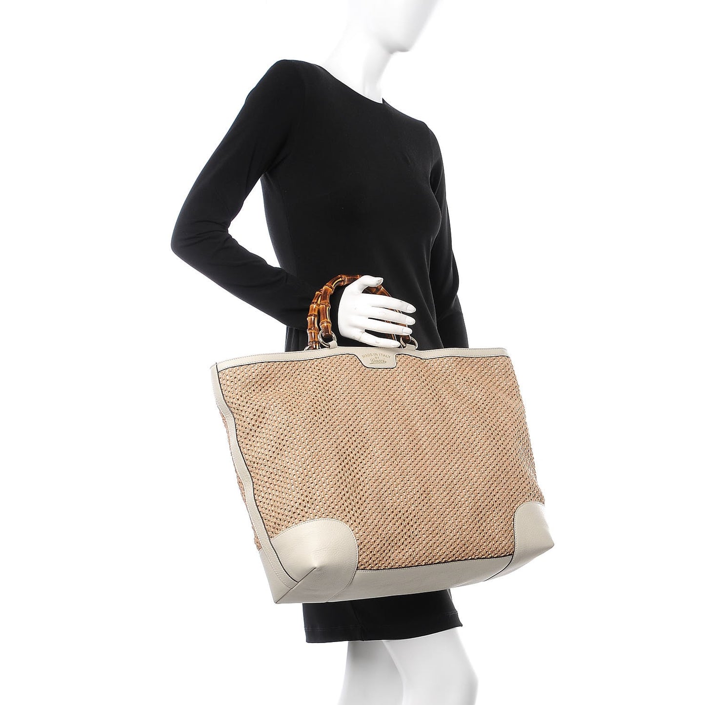 Straw Calfskin Large Bamboo Shopper Tote Natural
