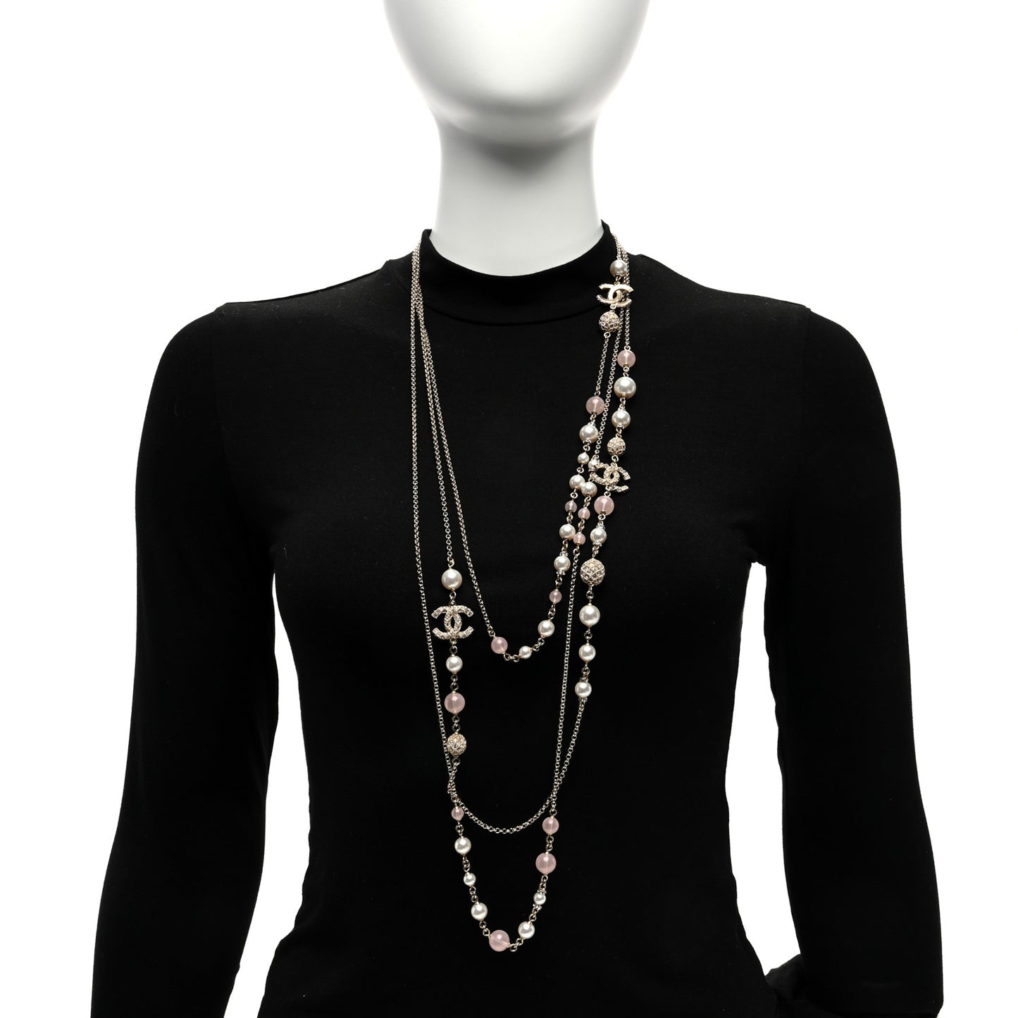 Pearl Crystal Resin CC Beaded Long Necklace Gold Pearly White Pink