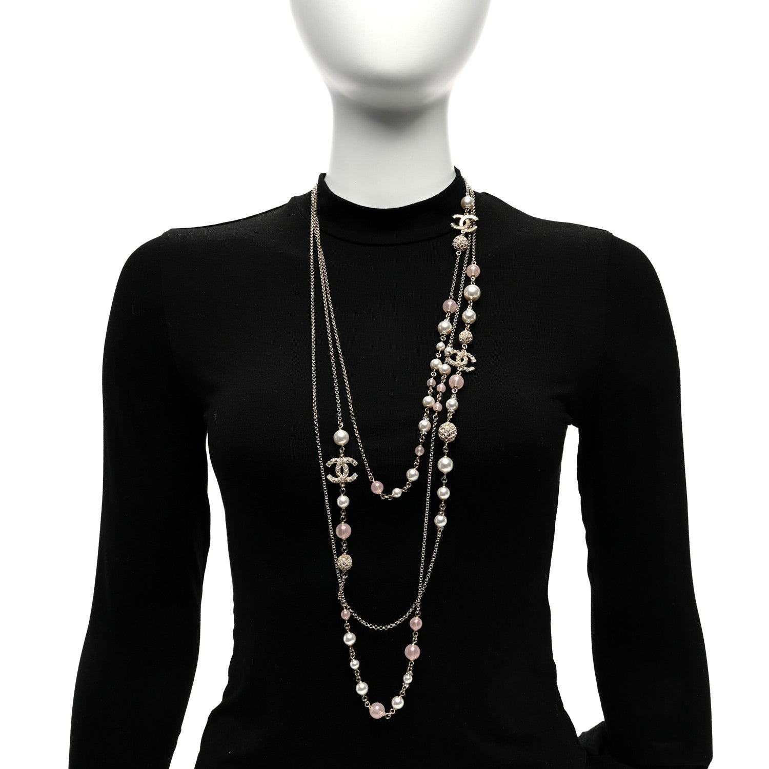 Chanel Pearl Crystal Resin CC Beaded Long Necklace Gold Pearly White Pink 2 of 4