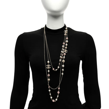 Chanel Pearl Crystal Resin CC Beaded Long Necklace Gold Pearly White Pink 2 of 4