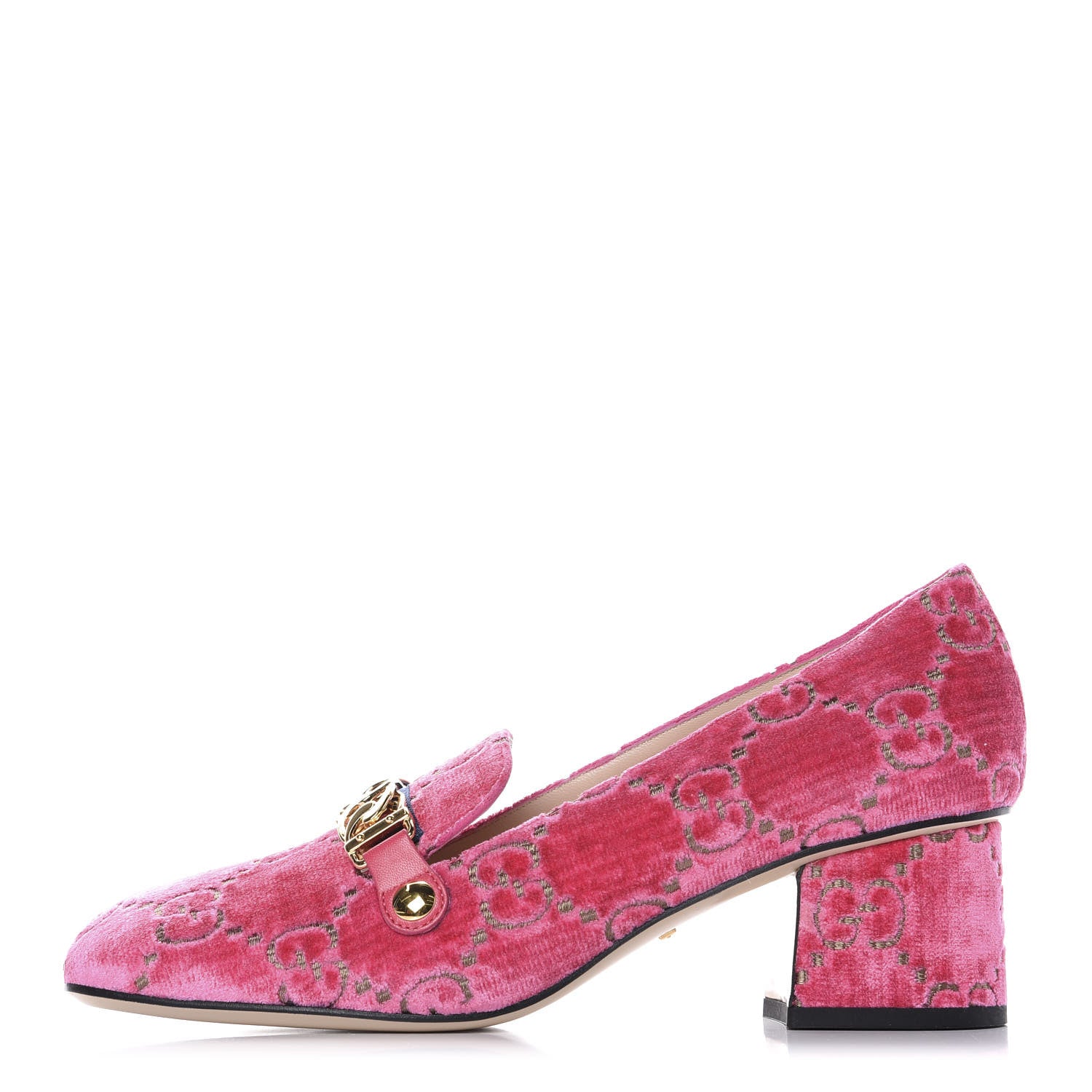 Gucci Velvet GG Monogram Sylvie Web Chain Mid Heel Loafers 40 Bright Pink 1 of 9
