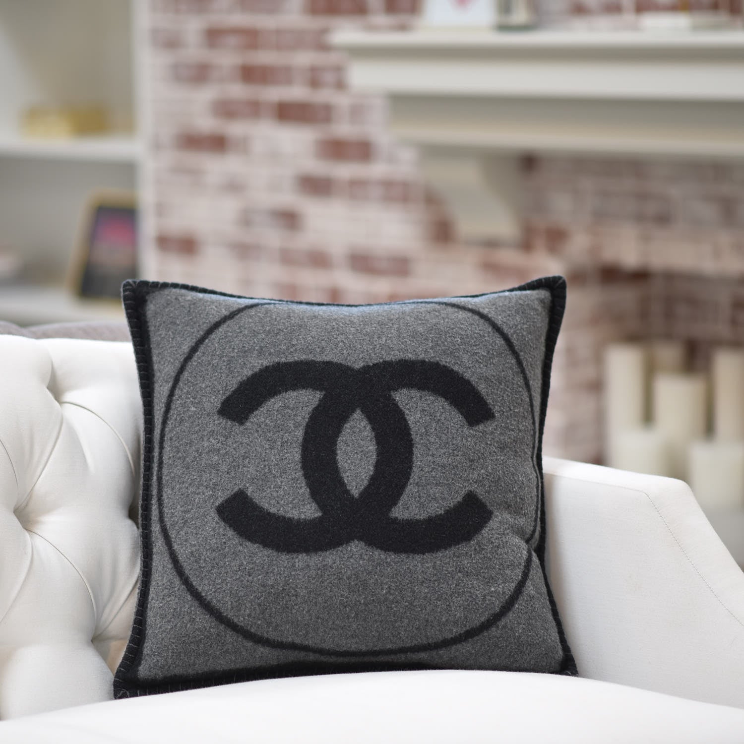 Chanel Merino Wool Cashmere CC Pillow Black Grey 2 of 5