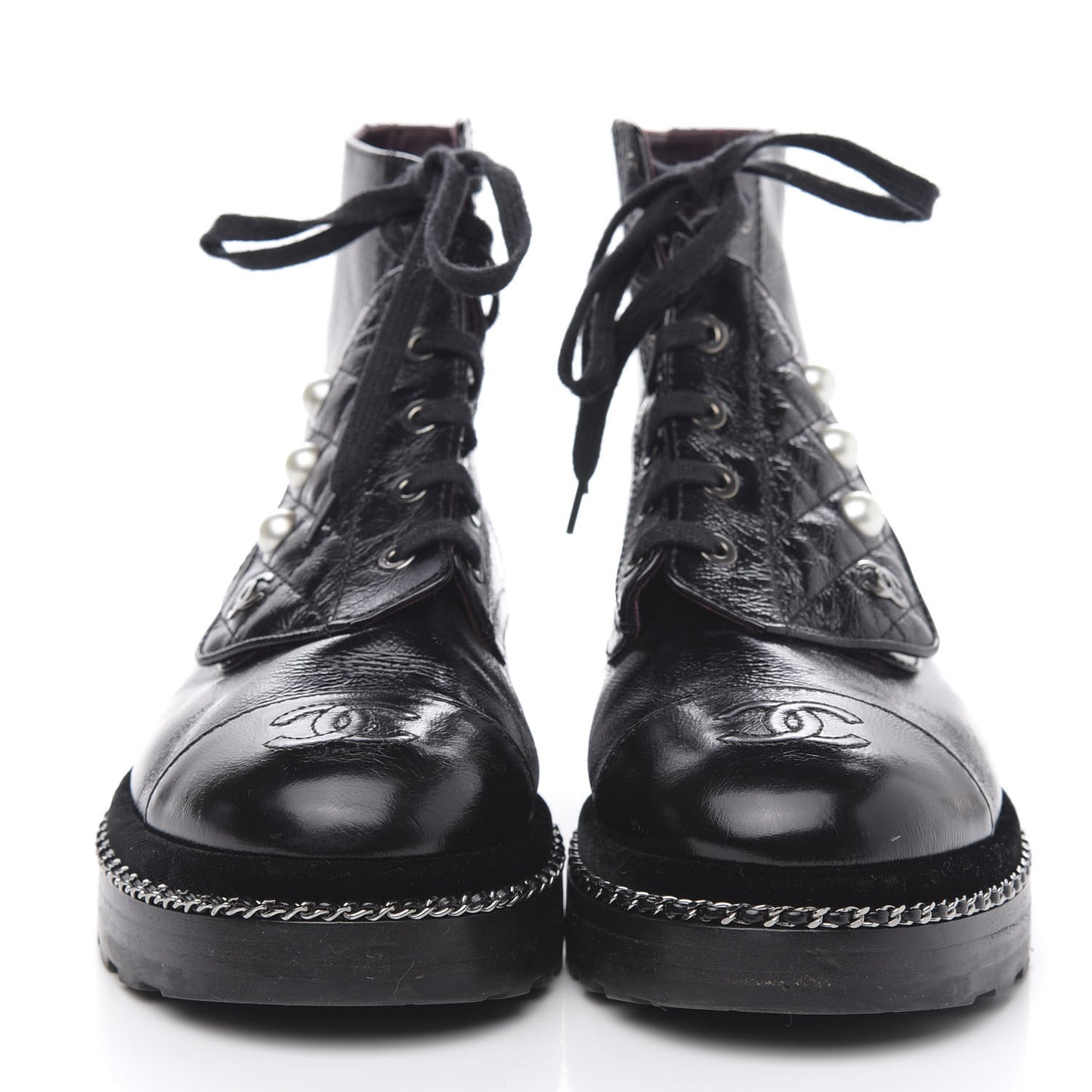 Crackled Calfskin Velvet Pearl Combat Short Boots 38 Black