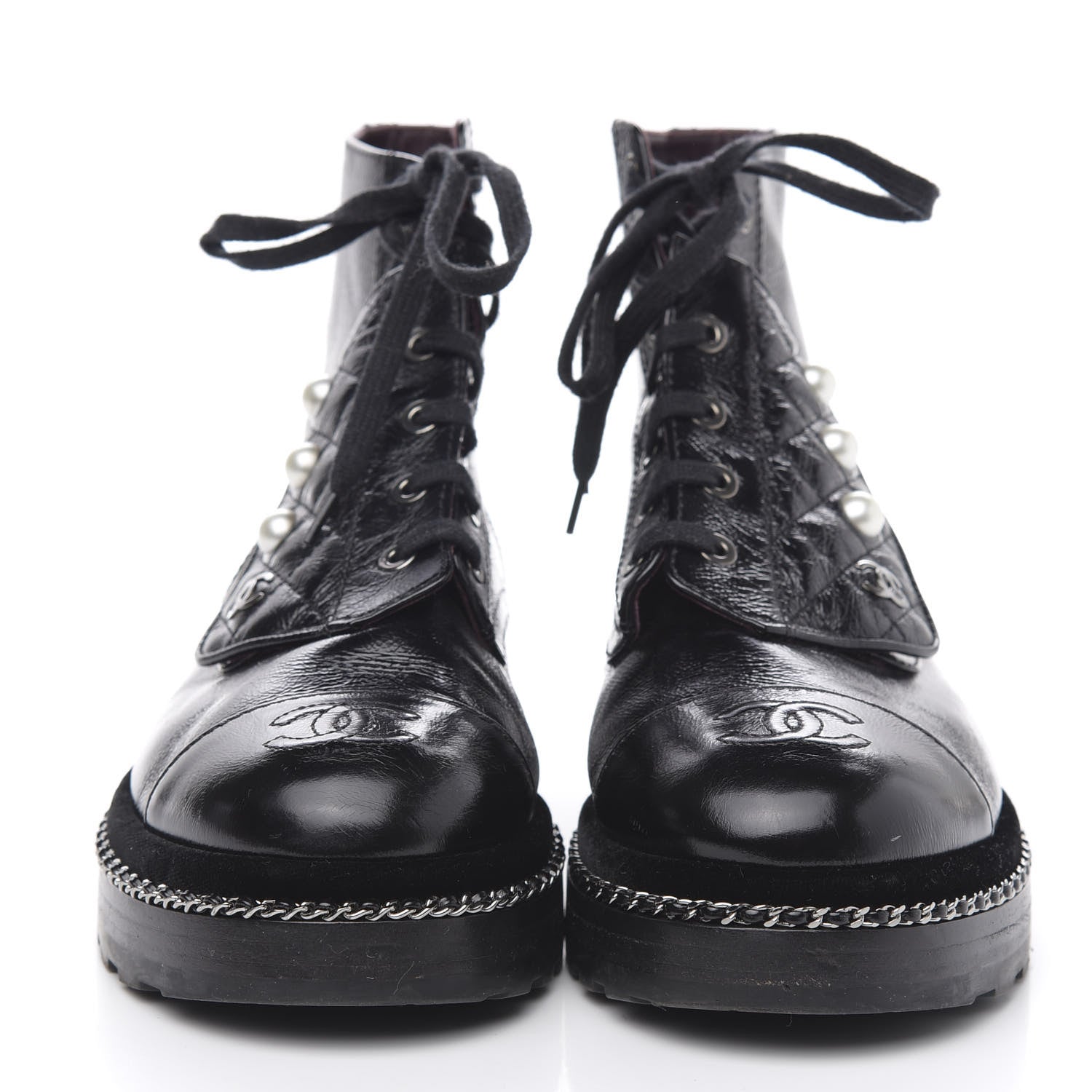 Chanel Crackled Calfskin Velvet Pearl Combat Short Boots 38 Black 2 of 7