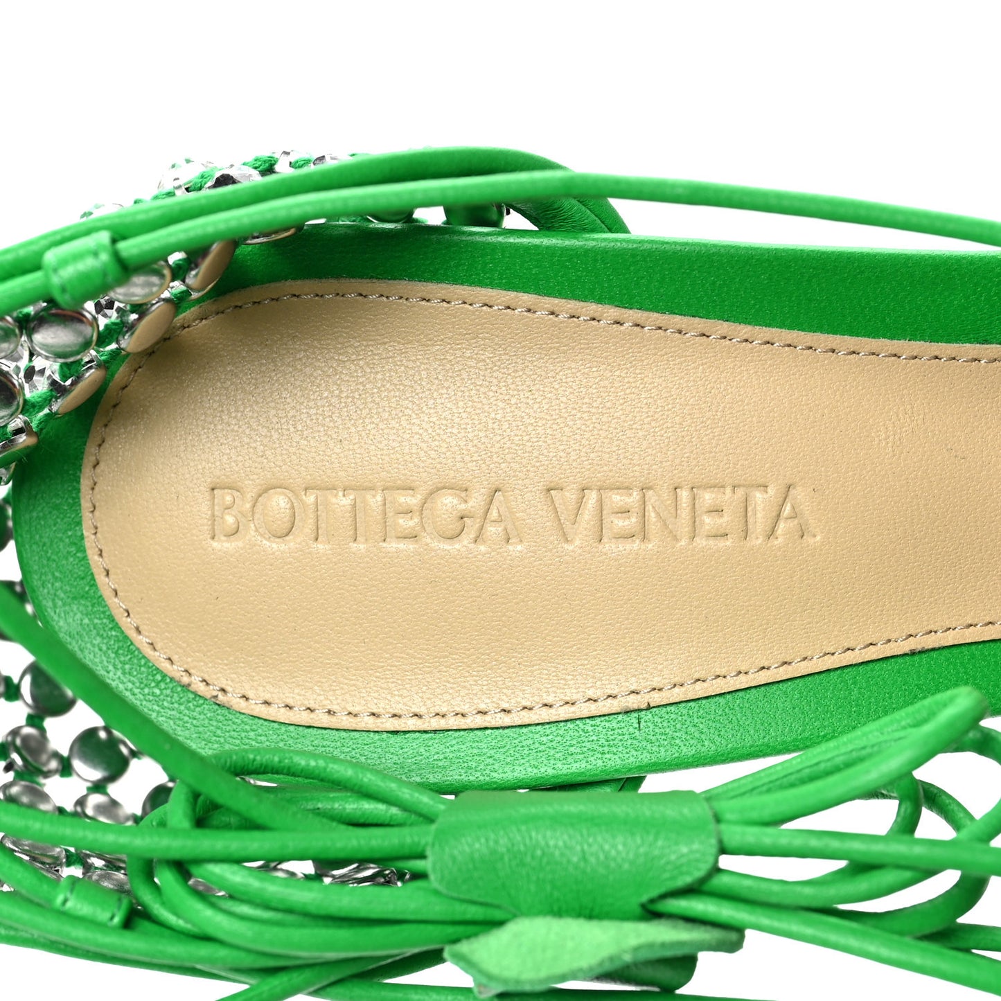 Mesh Nappa Crystal Embellished Sparkle Stretch Ankle Tie Sandals 38.5 Parakeet