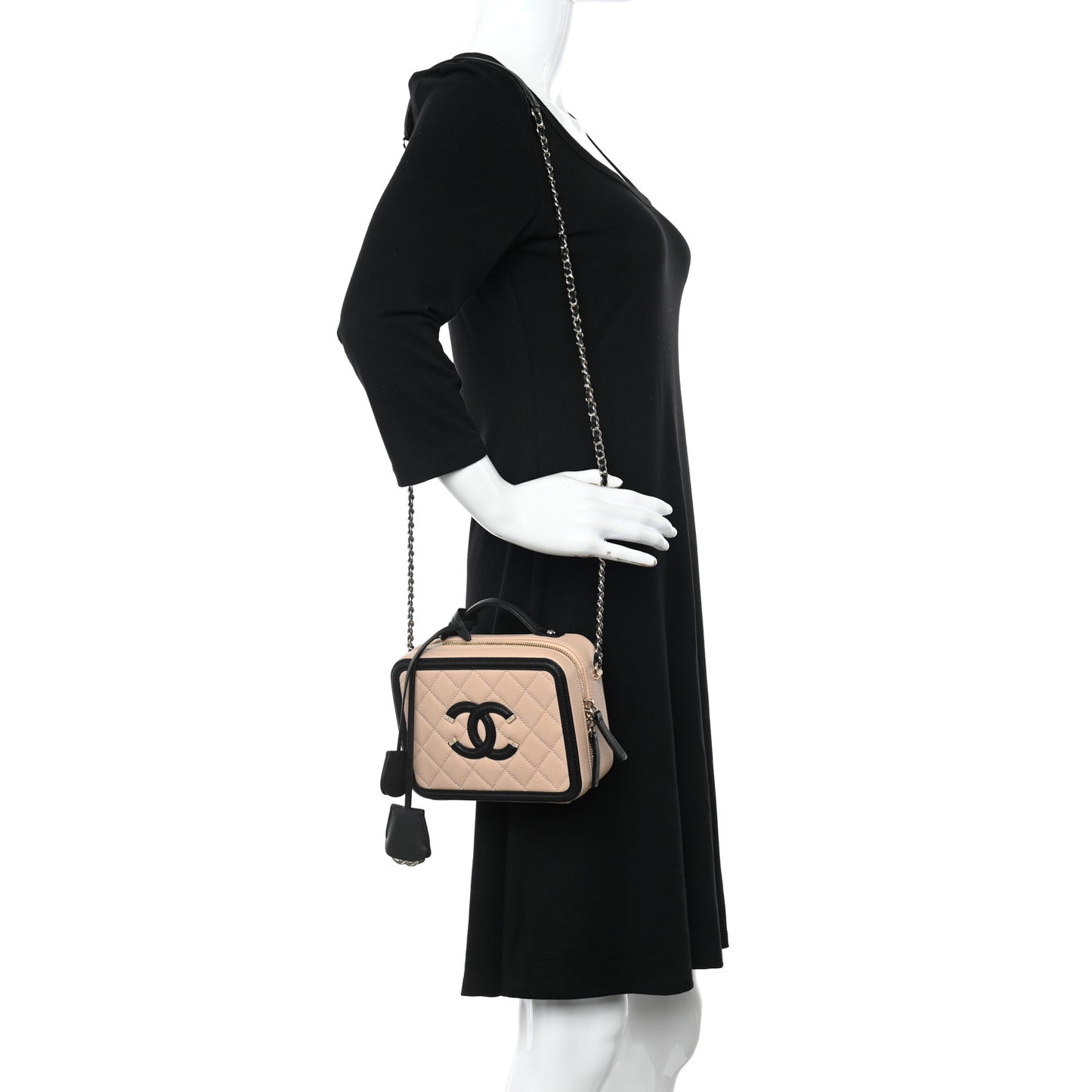 Caviar Quilted Small CC Filigree Vanity Case Beige Black