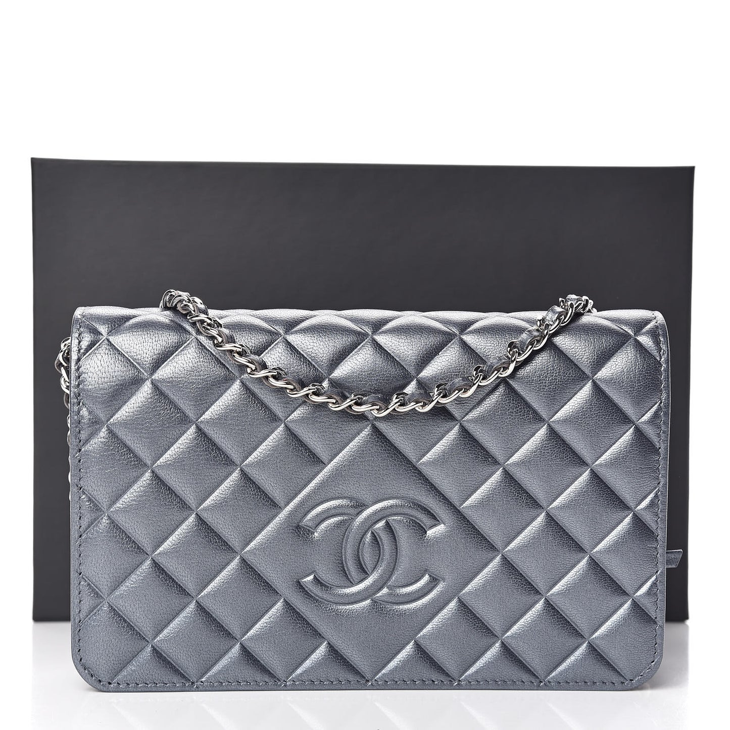 Metallic Goatskin Quilted Diamond CC Wallet On Chain WOC Grey