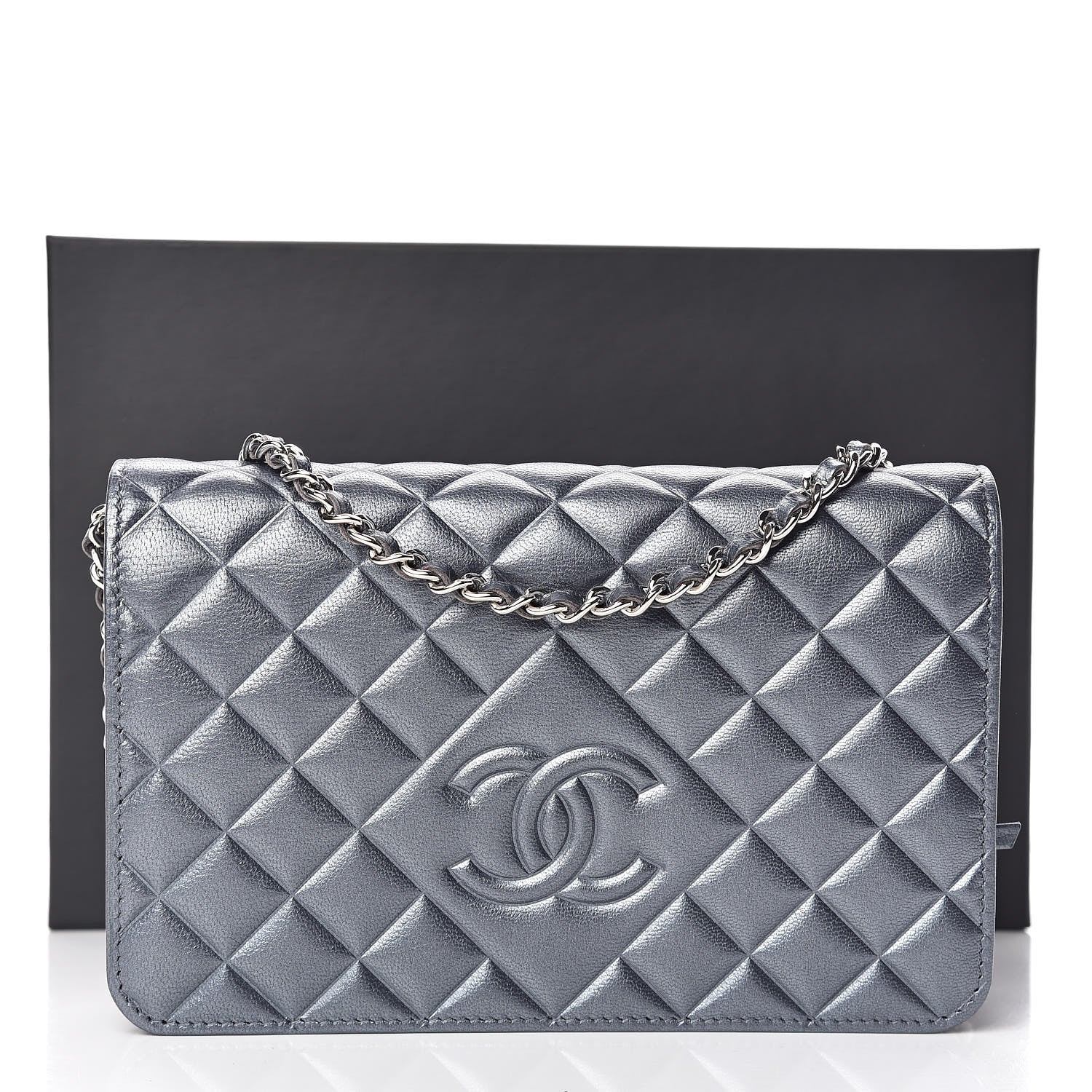 Chanel Metallic Goatskin Quilted Diamond CC Wallet On Chain WOC Grey 11 of 11