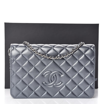 Chanel Metallic Goatskin Quilted Diamond CC Wallet On Chain WOC Grey 11 of 11