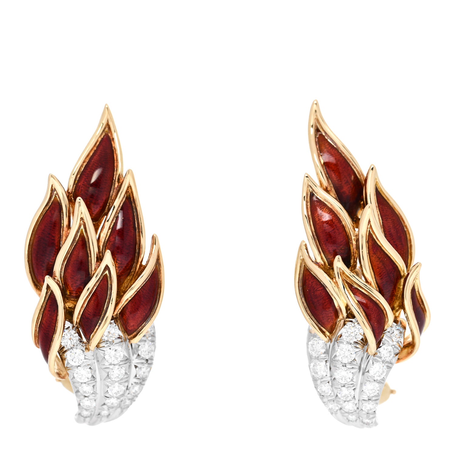 Tiffany 18K Yellow Gold Platinum Enamel Diamond Schlumberger Flame Earrings Red 1 of 5