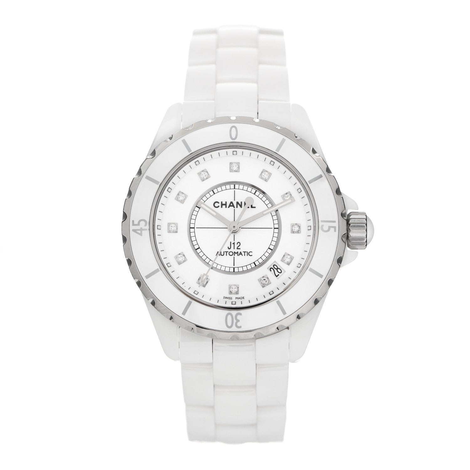 Chanel Stainless Steel Ceramic Diamond 38mm J12 Automatic Watch White 1 of 5