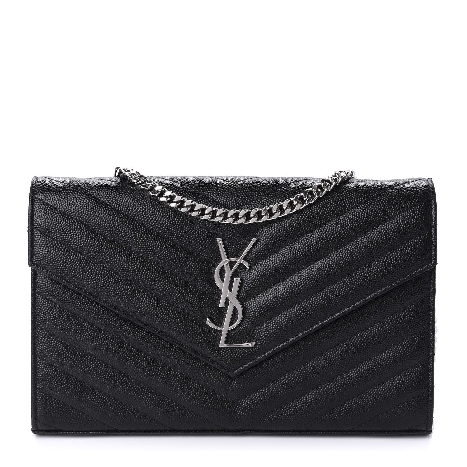 Saint Laurent Grain De Poudre Matelasse Chevron Monogram Chain Wallet Black 1 of 11