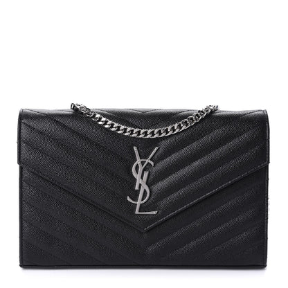 Saint Laurent Grain De Poudre Matelasse Chevron Monogram Chain Wallet Black 1 of 11