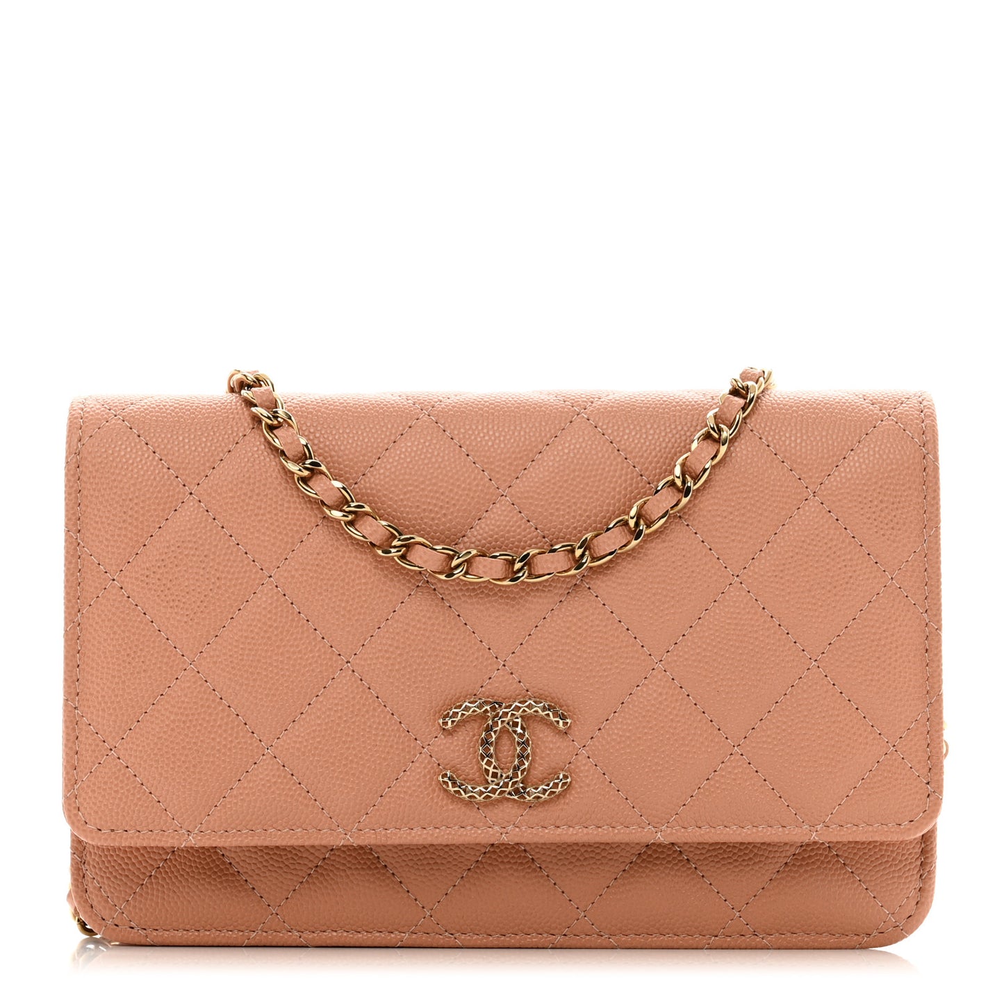Caviar Quilted Perforated Metal CC Wallet On Chain WOC Beige