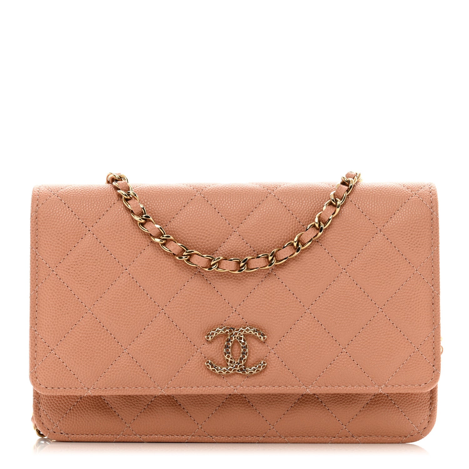 Chanel Caviar Quilted Perforated Metal CC Wallet On Chain WOC Beige 1 of 11